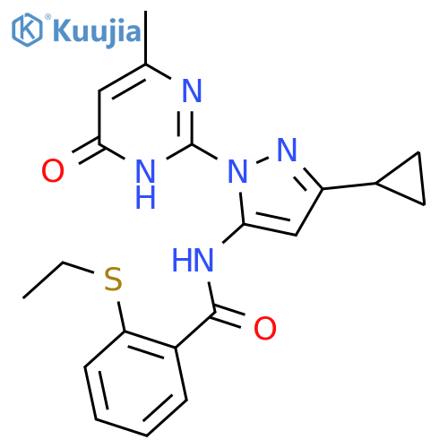 N-3-cyclopropyl-1-(4-methyl-6-oxo-1,6-dihydropyrimidin-2-yl)-1H-pyrazol-5-yl-2-(ethylsulfanyl)benzamide structure