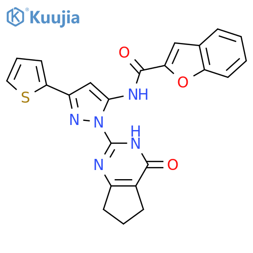 N-(1-{4-oxo-3H,4H,5H,6H,7H-cyclopentadpyrimidin-2-yl}-3-(thiophen-2-yl)-1H-pyrazol-5-yl)-1-benzofuran-2-carboxamide structure