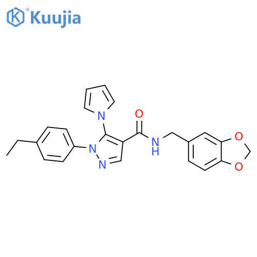 N-(2H-1,3-benzodioxol-5-yl)methyl-1-(4-ethylphenyl)-5-(1H-pyrrol-1-yl)-1H-pyrazole-4-carboxamide structure