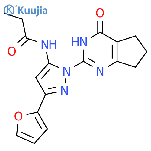 N-3-(furan-2-yl)-1-{4-oxo-3H,4H,5H,6H,7H-cyclopentadpyrimidin-2-yl}-1H-pyrazol-5-ylpropanamide structure