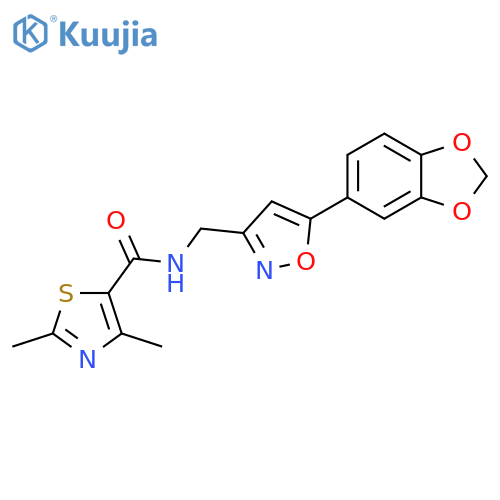 N-{5-(2H-1,3-benzodioxol-5-yl)-1,2-oxazol-3-ylmethyl}-2,4-dimethyl-1,3-thiazole-5-carboxamide structure