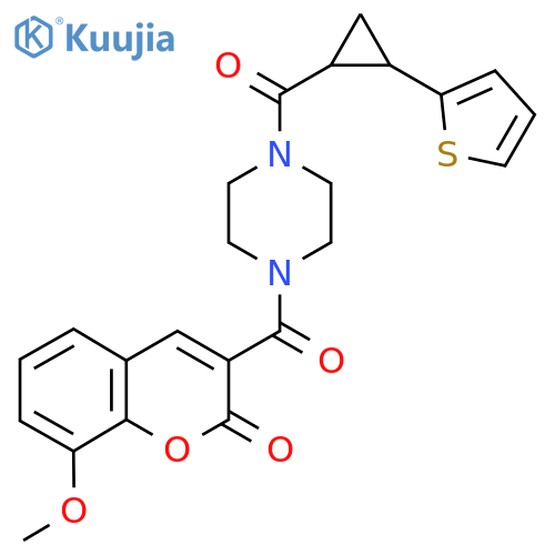 8-methoxy-3-{4-[2-(thiophen-2-yl)cyclopropanecarbonyl]piperazine-1-carbonyl}-2H-chromen-2-one structure