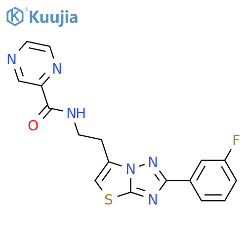 N-{2-2-(3-fluorophenyl)-1,2,4triazolo3,2-b1,3thiazol-6-ylethyl}pyrazine-2-carboxamide structure