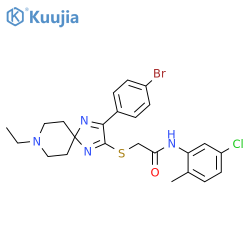 2-{[3-(4-bromophenyl)-8-ethyl-1,4,8-triazaspiro[4.5]deca-1,3-dien-2-yl]sulfanyl}-N-(5-chloro-2-methylphenyl)acetamide structure