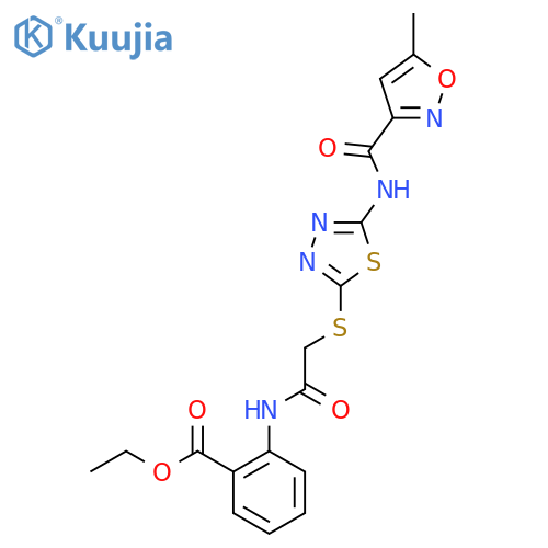 ethyl 2-(2-{5-(5-methyl-1,2-oxazole-3-amido)-1,3,4-thiadiazol-2-ylsulfanyl}acetamido)benzoate structure
