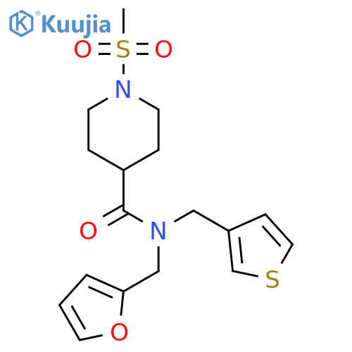 N-(furan-2-yl)methyl-1-methanesulfonyl-N-(thiophen-3-yl)methylpiperidine-4-carboxamide structure
