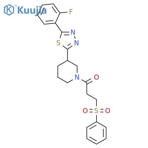 3-(benzenesulfonyl)-1-{3-5-(2-fluorophenyl)-1,3,4-thiadiazol-2-ylpiperidin-1-yl}propan-1-one structure