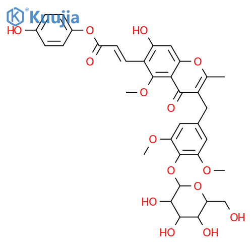 3',4',5,5',7-Pentahydroxy-2-methylhomoisoflavone-6-propenoic acid; 3',5,5'-Tri-Me ether, 4-hydroxyphenyl ester, 4'-O-β-D-glucopyranoside structure