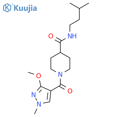 1-(3-methoxy-1-methyl-1H-pyrazole-4-carbonyl)-N-(3-methylbutyl)piperidine-4-carboxamide structure