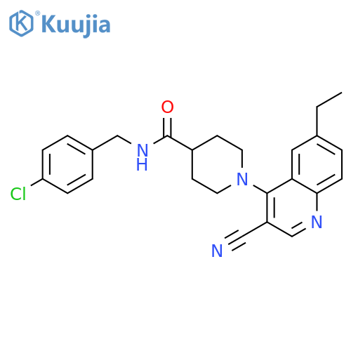 N-[(4-chlorophenyl)methyl]-1-(3-cyano-6-ethylquinolin-4-yl)piperidine-4-carboxamide structure