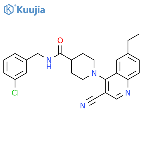 N-[(3-chlorophenyl)methyl]-1-(3-cyano-6-ethylquinolin-4-yl)piperidine-4-carboxamide structure