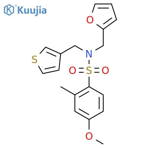 N-(furan-2-yl)methyl-4-methoxy-2-methyl-N-(thiophen-3-yl)methylbenzene-1-sulfonamide structure