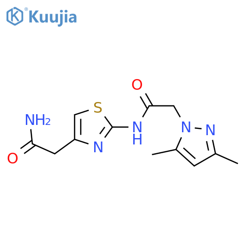 N-4-(carbamoylmethyl)-1,3-thiazol-2-yl-2-(3,5-dimethyl-1H-pyrazol-1-yl)acetamide structure