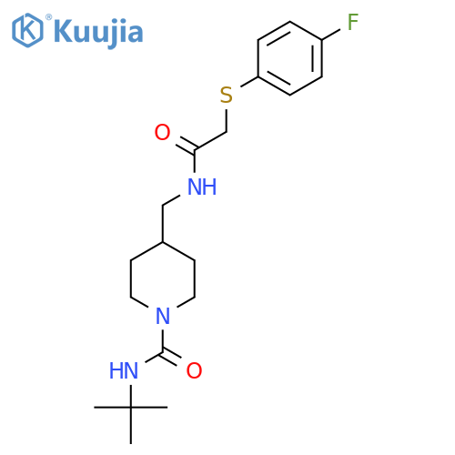 N-tert-butyl-4-({2-(4-fluorophenyl)sulfanylacetamido}methyl)piperidine-1-carboxamide structure