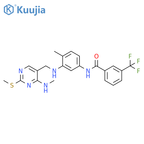 N-(4-methyl-3-((4-(methylamino)-2-(methylthio)pyrimidin-5-yl)methylamino)phenyl)-3-(trifluoromethyl)benzamide structure
