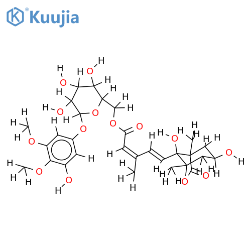 3-hydroxy-4,5-dimethoxyphenyl 6-O-{(2E,4E)-5-[(1R,3S,5S,8S)-3,8-dihydroxy-1,5-dimethyl-7-oxo-6-oxabicyclo[3.2.1]oct-8-yl]-3-methylpenta-2,4-dienoyl}-beta-D-glucopyranoside structure