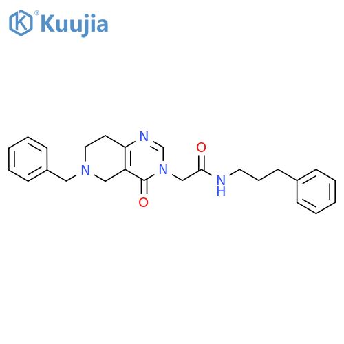 2-{6-benzyl-4-oxo-3H,4H,5H,6H,7H,8H-pyrido4,3-dpyrimidin-3-yl}-N-(3-phenylpropyl)acetamide structure