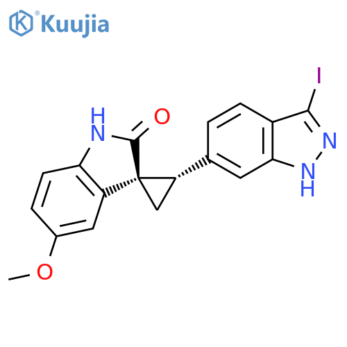 Spiro[cyclopropane-1,3'-[3H]indol]-2'(1'H)-one, 2-(3-iodo-1H-indazol-6-yl)-5'-methoxy-, (1R,2S)-rel- structure