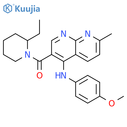 3-(2-ethylpiperidine-1-carbonyl)-N-(4-methoxyphenyl)-7-methyl-1,8-naphthyridin-4-amine structure