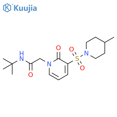 N-tert-butyl-2-{3-(4-methylpiperidin-1-yl)sulfonyl-2-oxo-1,2-dihydropyridin-1-yl}acetamide structure