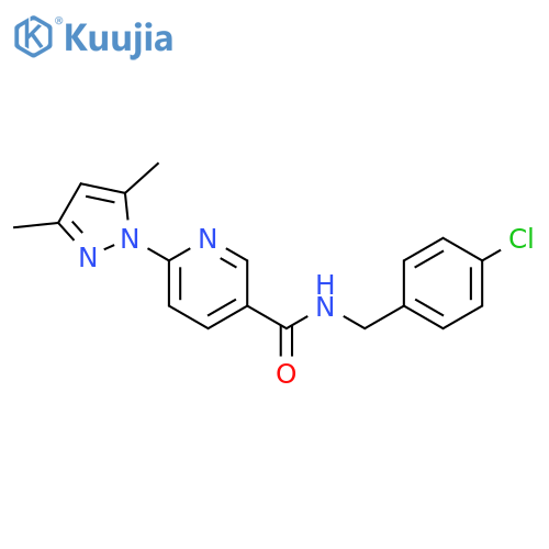 N-(4-chlorophenyl)methyl-6-(3,5-dimethyl-1H-pyrazol-1-yl)pyridine-3-carboxamide structure