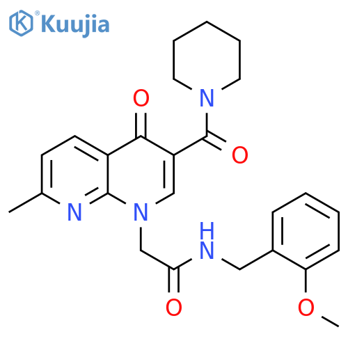 N-[(2-methoxyphenyl)methyl]-2-[7-methyl-4-oxo-3-(piperidine-1-carbonyl)-1,4-dihydro-1,8-naphthyridin-1-yl]acetamide structure