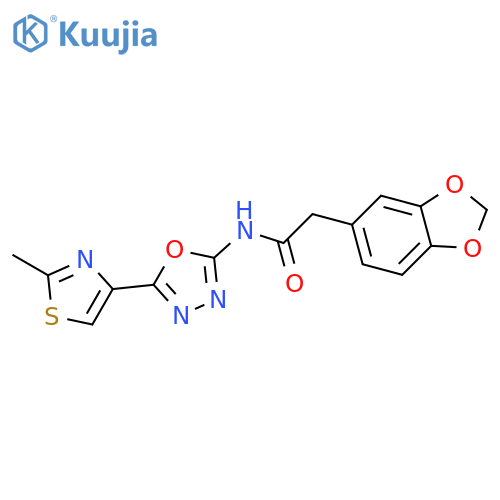 2-(2H-1,3-benzodioxol-5-yl)-N-5-(2-methyl-1,3-thiazol-4-yl)-1,3,4-oxadiazol-2-ylacetamide structure