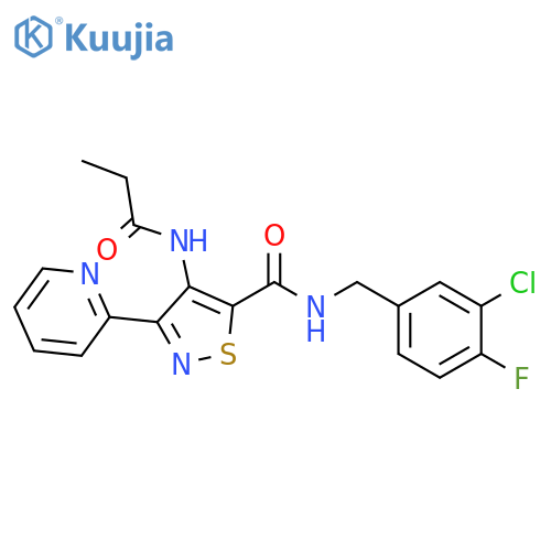 N-[(3-chloro-4-fluorophenyl)methyl]-4-propanamido-3-(pyridin-2-yl)-1,2-thiazole-5-carboxamide structure