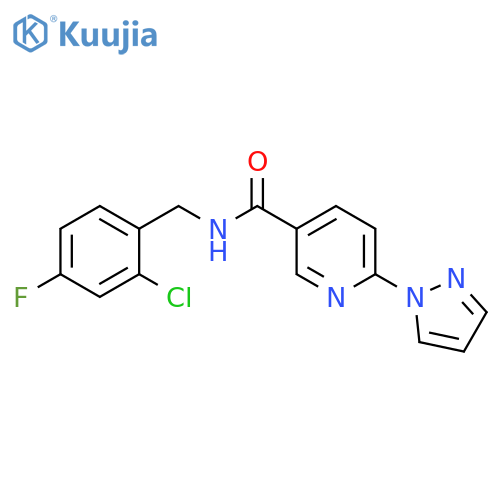 N-(2-chloro-4-fluorophenyl)methyl-6-(1H-pyrazol-1-yl)pyridine-3-carboxamide structure