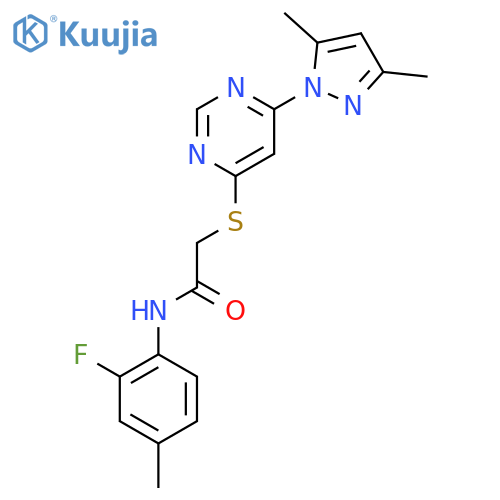 2-{6-(3,5-dimethyl-1H-pyrazol-1-yl)pyrimidin-4-ylsulfanyl}-N-(2-fluoro-4-methylphenyl)acetamide structure