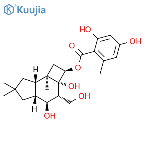 Benzoic acid, 2,4-dihydroxy-6-methyl-, (2R,2aR,3R,4S,4aR,7aS,7bR)-decahydro-2a,4-dihydroxy-3-(hydroxymethyl)-6,6,7b-trimethyl-1H-cyclobut[e]inden-2-yl ester structure