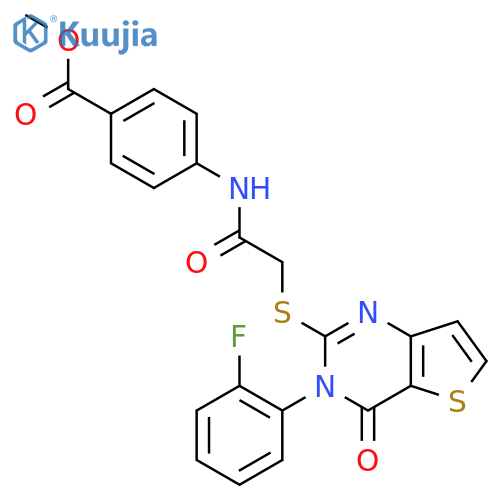 methyl 4-(2-{[3-(2-fluorophenyl)-4-oxo-3H,4H-thieno[3,2-d]pyrimidin-2-yl]sulfanyl}acetamido)benzoate structure