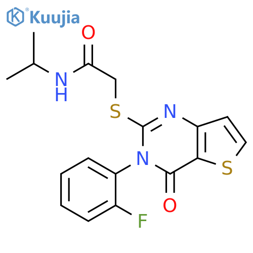 2-{[3-(2-fluorophenyl)-4-oxo-3H,4H-thieno[3,2-d]pyrimidin-2-yl]sulfanyl}-N-(propan-2-yl)acetamide structure