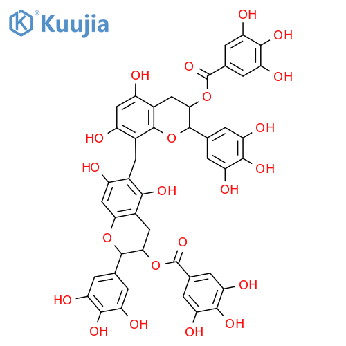 Benzoic acid, 3,4,5-trihydroxy-, 1,1'-[(2R,3R)-6-[[(2R,3R)-3,4-dihydro-5,7-dihydroxy-3-[(3,4,5-trihydroxybenzoyl)oxy]-2-(3,4,5-trihydroxyphenyl)-2H-1-benzopyran-8-yl]methyl]-3,4-dihydro-5-hydroxy-2-(3,4,5-trihydroxyphenyl)-2H-1-benzopyran-3,7-diyl] ester structure