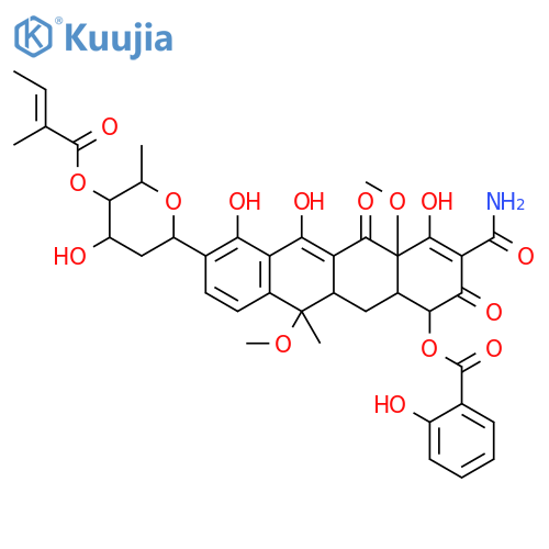 Benzoic acid,2-hydroxy-, 3-(aminocarbonyl)-8-[2,6-dideoxy-4-O-(2-methyl-1-oxo-2-butenyl)-b-D-arabino-hexopyranosyl]-1,4,4a,6,11,11a,12,12a-octahydro-2,5,7-trihydroxy-4a,11-dimethoxy-11-methyl-4,6-dioxo-1-naphthacenylester, [1R-[1a,4aa,8(Z),11b,11ab,12ab]]- (9CI) structure