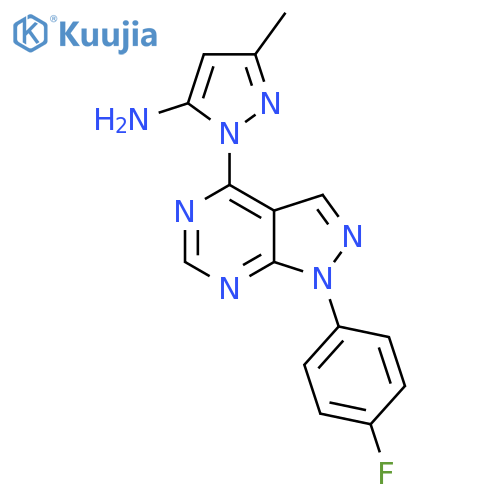 1-[1-(4-fluorophenyl)-1H-pyrazolo[3,4-d]pyrimidin-4-yl]-3-methyl-1H-pyrazol-5-amine structure