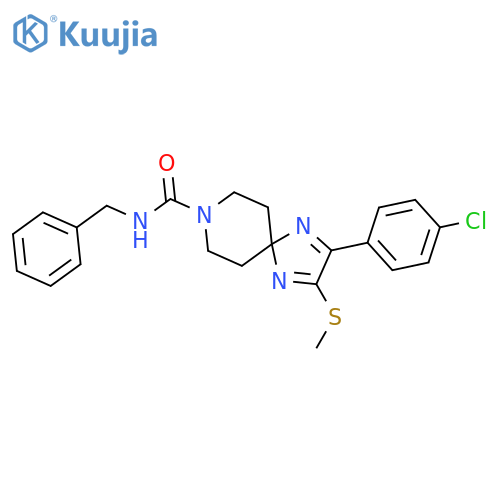 N-benzyl-2-(4-chlorophenyl)-3-methylsulfanyl-1,4,8-triazaspiro[4.5]deca-1,3-diene-8-carboxamide structure