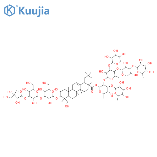 Olean-12-en-28-oic acid, 3-[(O-D-apio-β-D-furanosyl-(1→3)-O-β-D-glucopyranosyl-(1→3)-β-D-glucopyranosyl)oxy]-2,23-dihydroxy-, O-6-deoxy-α-L-mannopyranosyl-(1→3)-O-[O-6-deoxy-α-L-mannopyranosyl-(1→3)-O-β-D-xylopyranosyl-(1→4)-O-[β-D-xylopyranosyl-(1→3)]-6-deoxy-α-L-mannopyranosyl-(1→2)]-6-deoxy-β-D-g... structure