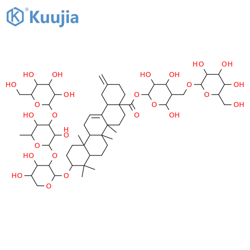 30-Noroleana-12,20(29)-dien-28-oicacid, 3-[(O-b-D-glucopyranosyl-(1&reg;3)-O-6-deoxy-a-L-mannopyranosyl-(1&reg;2)-a-L-arabinopyranosyl)oxy]-, 6-O-b-D-glucopyranosyl-b-D-glucopyranosyl ester, (3b)- (9CI) structure