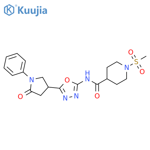 1-methanesulfonyl-N-5-(5-oxo-1-phenylpyrrolidin-3-yl)-1,3,4-oxadiazol-2-ylpiperidine-4-carboxamide structure