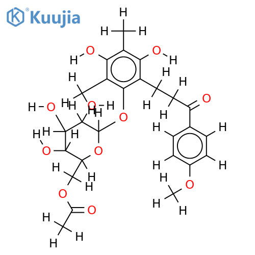 3-{2-[(6-O-acetyl-beta-D-glucopyranosyl)oxy]-4,6-dihydroxy-3,5-dimethylphenyl}-1-(4-methoxyphenyl)propan-1-one structure