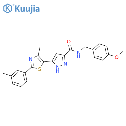 N-[(4-methoxyphenyl)methyl]-3-[4-methyl-2-(3-methylphenyl)-1,3-thiazol-5-yl]-1H-pyrazole-5-carboxamide structure