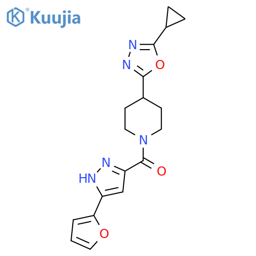 4-(5-cyclopropyl-1,3,4-oxadiazol-2-yl)-1-3-(furan-2-yl)-1H-pyrazole-5-carbonylpiperidine structure