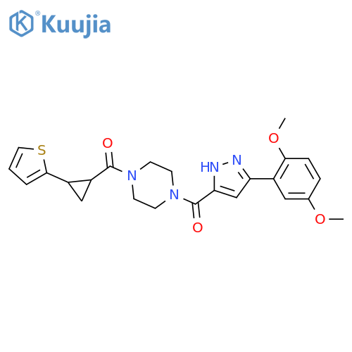 1-3-(2,5-dimethoxyphenyl)-1H-pyrazole-5-carbonyl-4-2-(thiophen-2-yl)cyclopropanecarbonylpiperazine structure