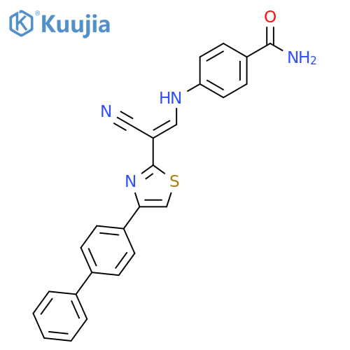 4-{(1E)-2-(4-{1,1'-biphenyl-4-yl}-1,3-thiazol-2-yl)-2-cyanoeth-1-en-1-ylamino}benzamide structure