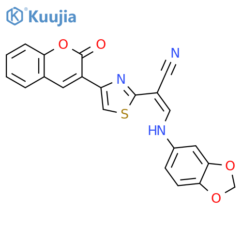 (2Z)-3-(2H-1,3-benzodioxol-5-yl)amino-2-4-(2-oxo-2H-chromen-3-yl)-1,3-thiazol-2-ylprop-2-enenitrile structure