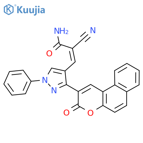 2-cyano-3-(3-{3-oxo-3H-benzo[f]chromen-2-yl}-1-phenyl-1H-pyrazol-4-yl)prop-2-enamide structure