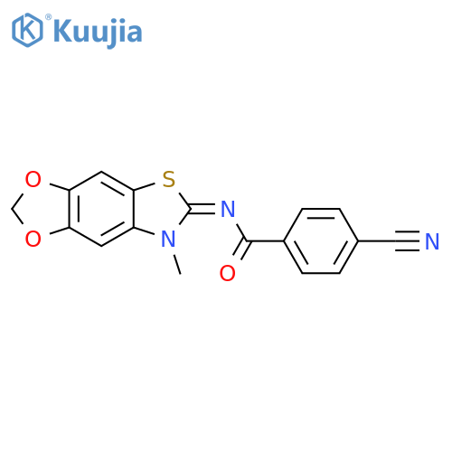 4-cyano-N-[(11E)-12-methyl-4,6-dioxa-10-thia-12-azatricyclo[7.3.0.0^{3,7}]dodeca-1(9),2,7-trien-11-ylidene]benzamide structure