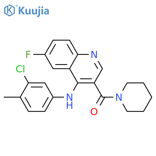 N-(3-chloro-4-methylphenyl)-6-fluoro-3-(piperidine-1-carbonyl)quinolin-4-amine structure