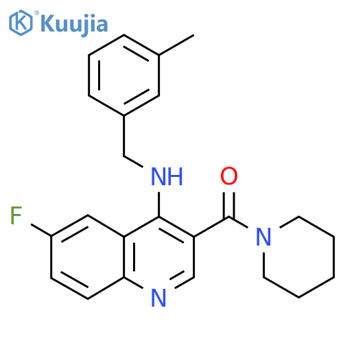 6-fluoro-N-[(3-methylphenyl)methyl]-3-(piperidine-1-carbonyl)quinolin-4-amine structure